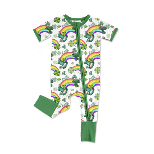 (Pre-order)SR2397 Rainbow Hat Leaf Print Baby Girls St. Patrick's Day Sleeper Zipper Romper