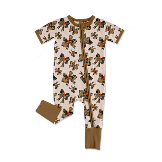 (Pre-order)SR2400 Camo Bows Brown Print Baby Girls Sleeper Zipper Romper