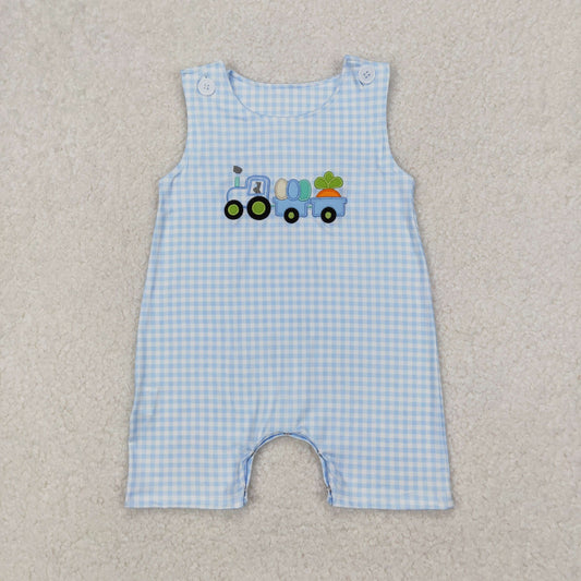 SR2402 Tractors Eggs Carrot Embroidery Blue Plaid Print Baby Boys Easter Romper