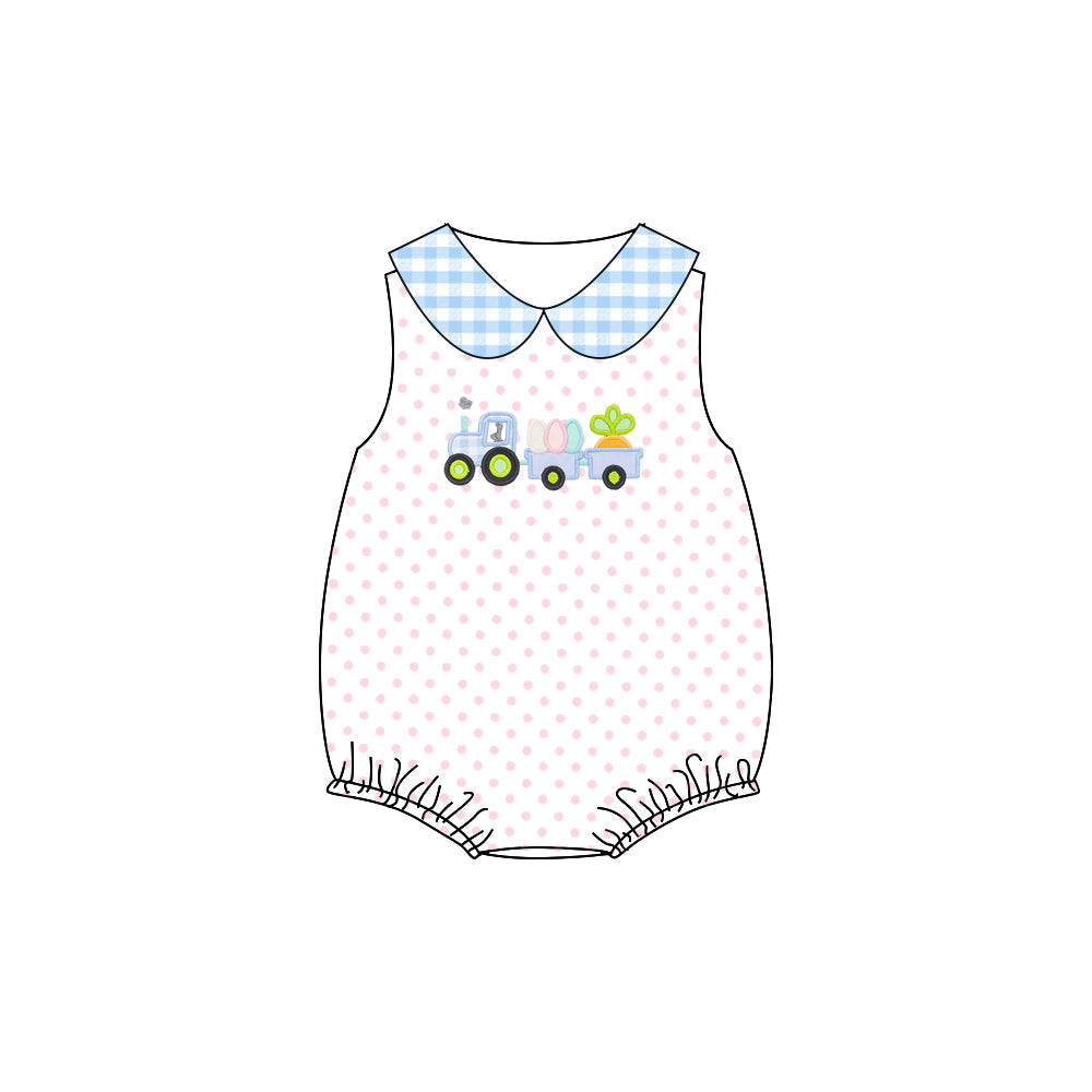 (Pre-order)SR2403 Tractors Eggs Carrot Pink Dots Print Baby Girls Easter Romper
