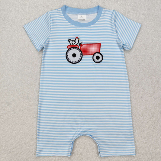 SR2406 Tractors Embroidery Blue Stripes Print Baby Boys Summer Romper