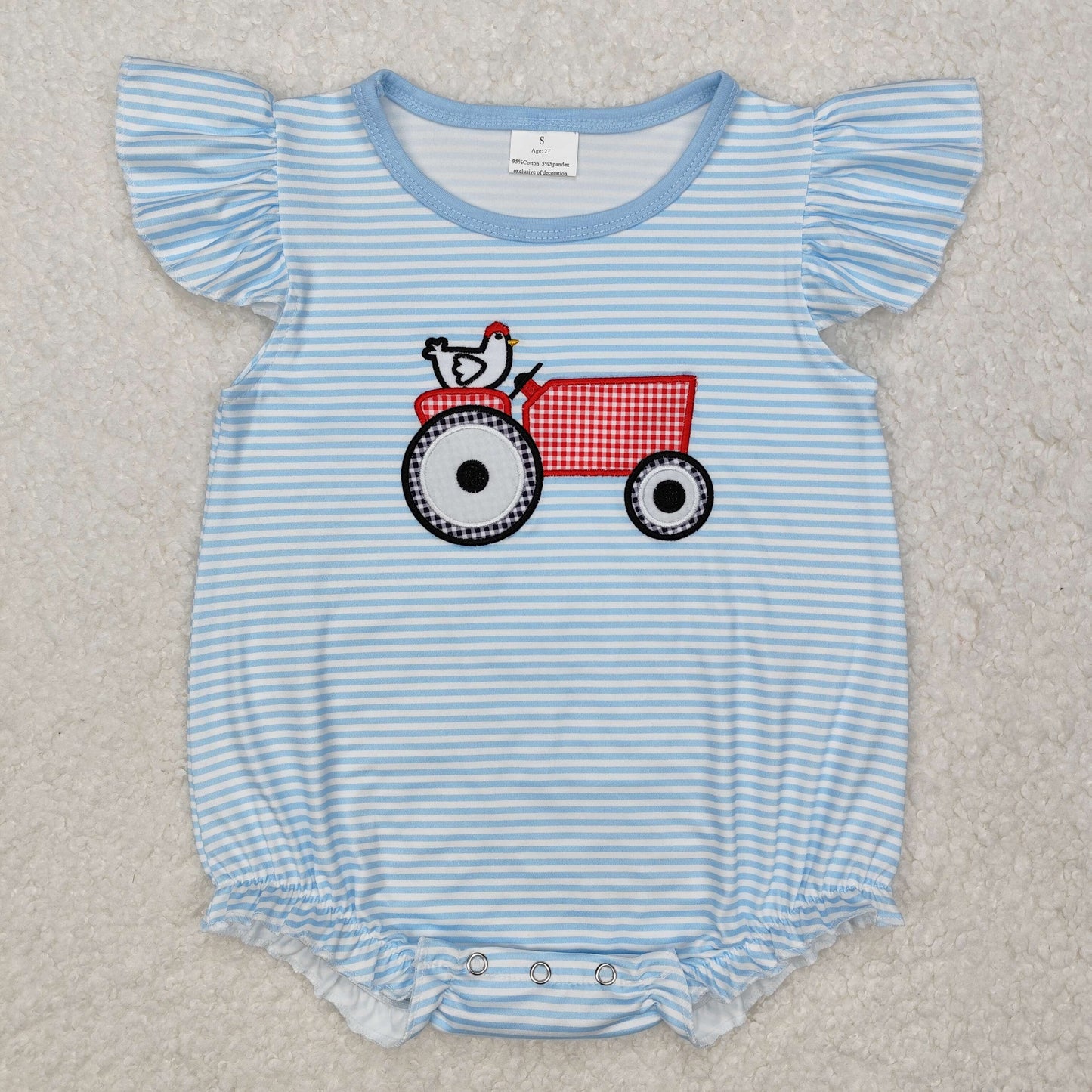 SR2407 Tractors Embroidery Blue Stripes Print Baby Girls Summer Romper