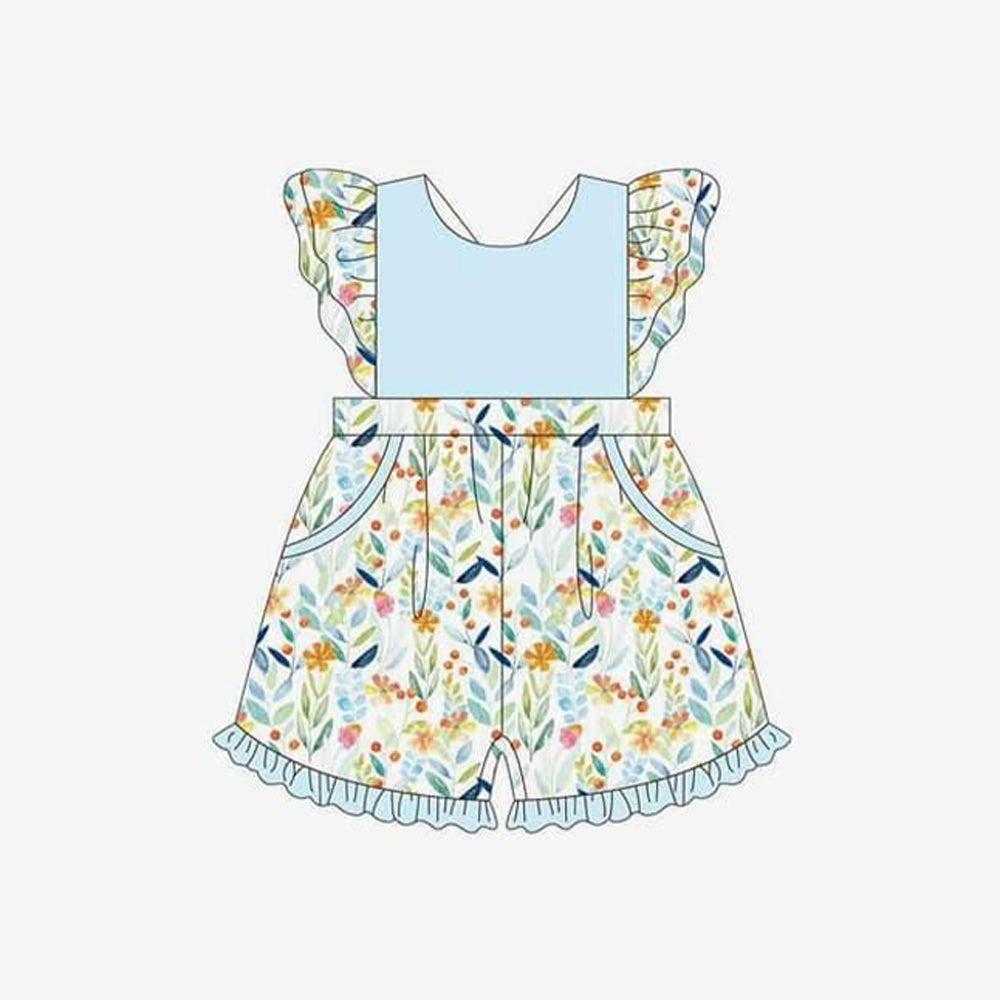 (Pre-order)SR2416 Flowers Print Girls Summer Pockets Jumpsuits