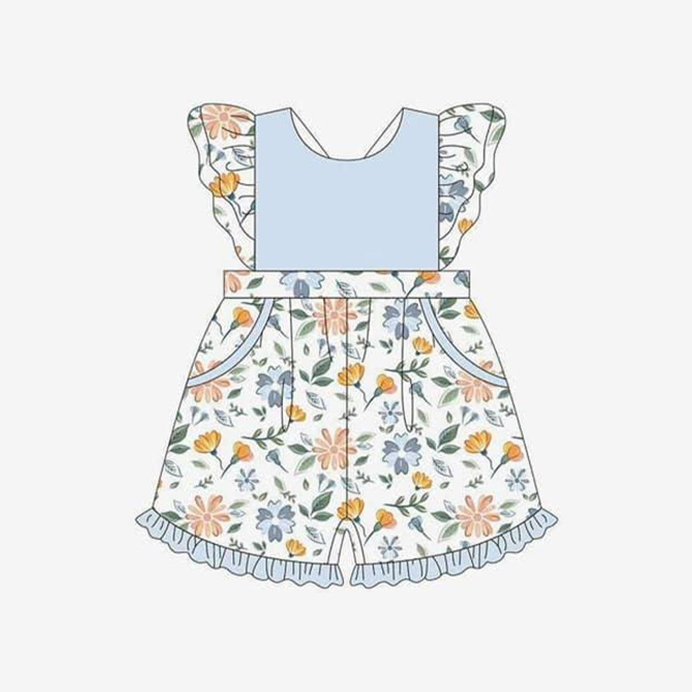 (Pre-order)SR2417 Blue Flowers Print Girls Summer Pockets Jumpsuits