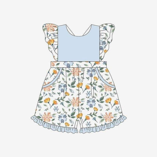 (Pre-order)SR2417 Blue Flowers Print Girls Summer Pockets Jumpsuits