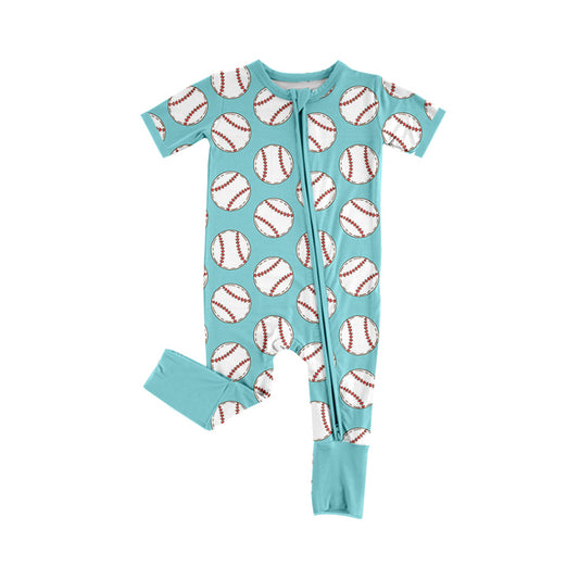 (Pre-order)SR2421 Baseball Blue Print Baby Boys Sleeper Zipper Romper