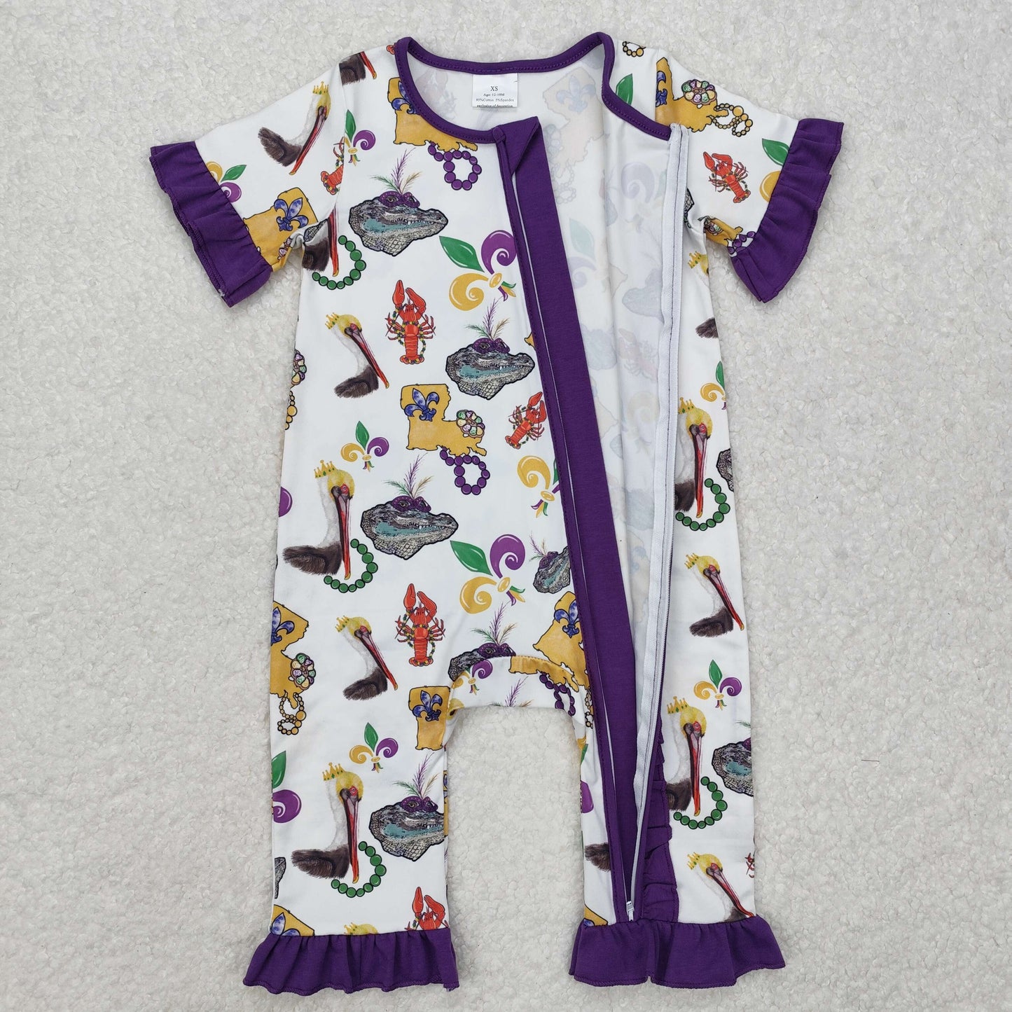 SR2422 Anchor Crayfish Print Baby Girls Mardi Gras Sleeper Zipper Romper