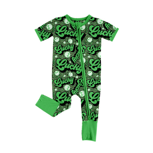 (Pre-order)SR2425 Lucky Smiling Face Leopard Print Baby Girls St. Patrick's Day Sleeper Zipper Romper