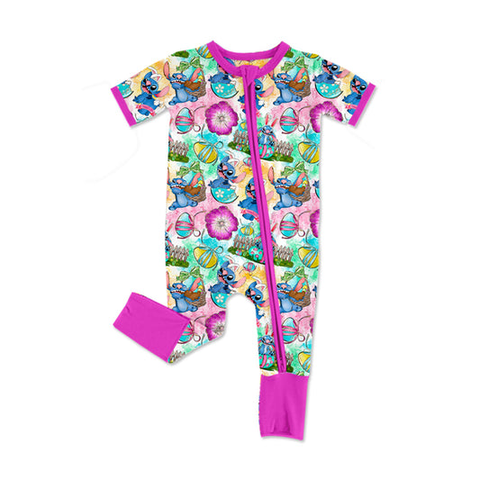 (Pre-order)SR2426 Cartoon Animals Eggs Flowers Print Baby Girls Easter Sleeper Zipper Romper