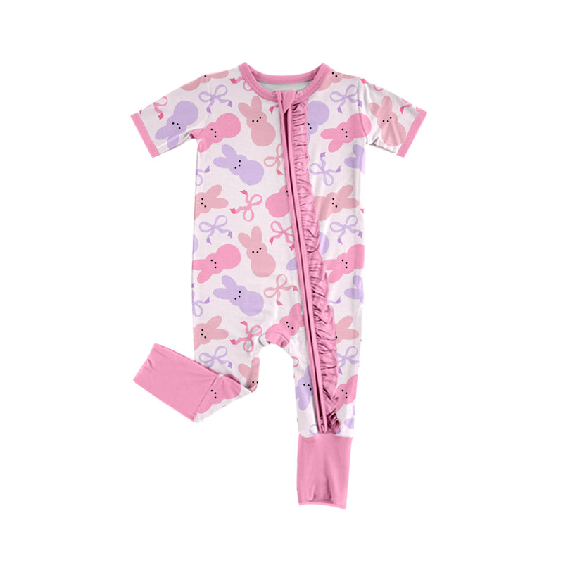 (Pre-order)SR2427 Bunny Bows Print Baby Girls Easter Sleeper Zipper Romper