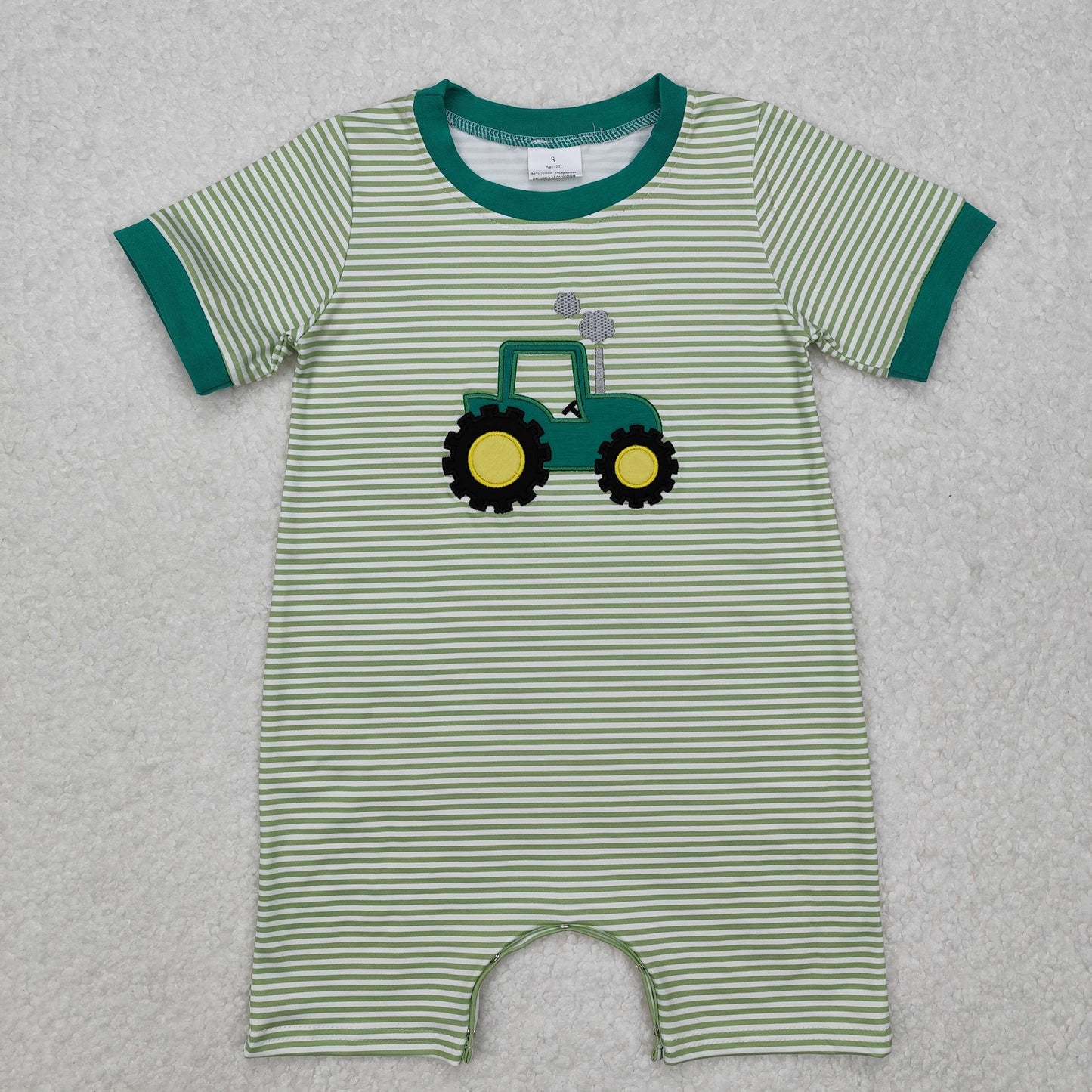 SR2431 Tractors Embroidery Green Stripes Print Baby Boys Summer Romper