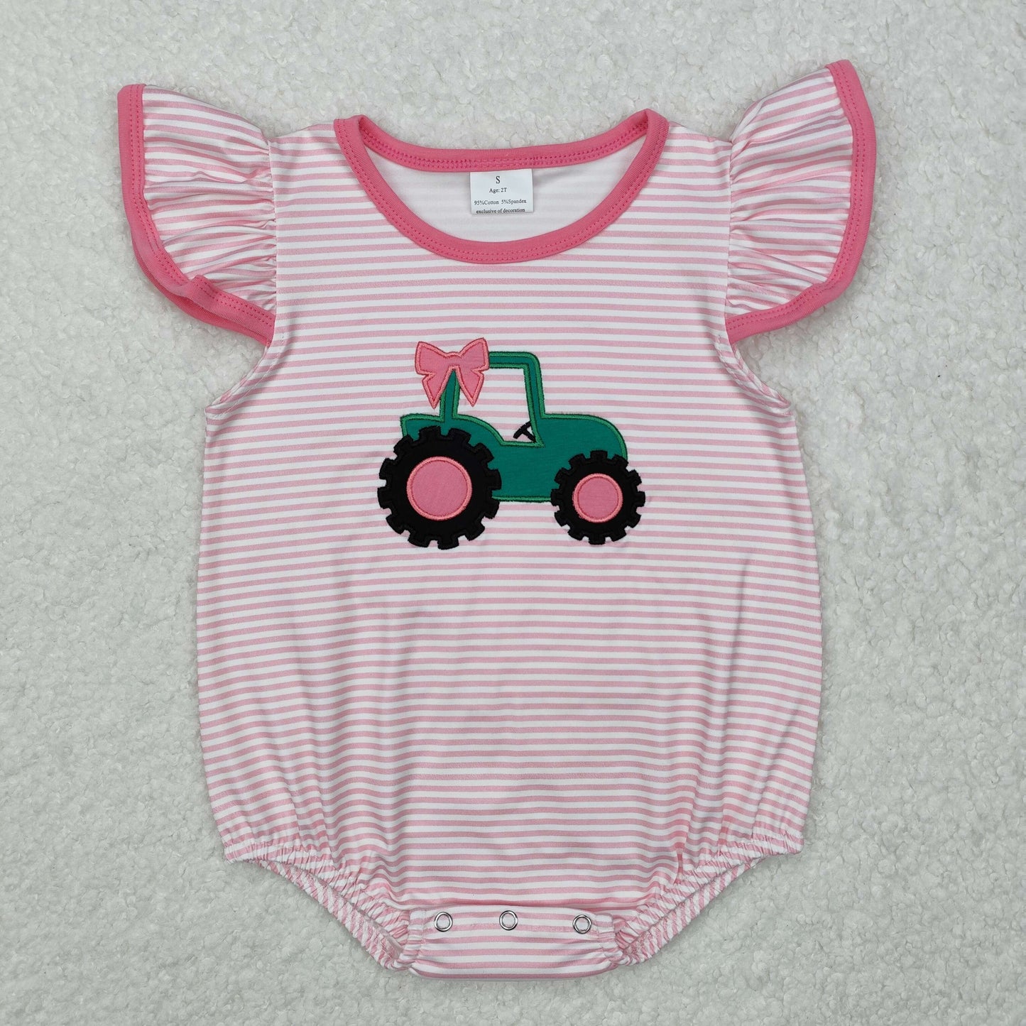 SR2432 Tractors Embroidery Pink Stripes Print Baby Girls Summer Romper