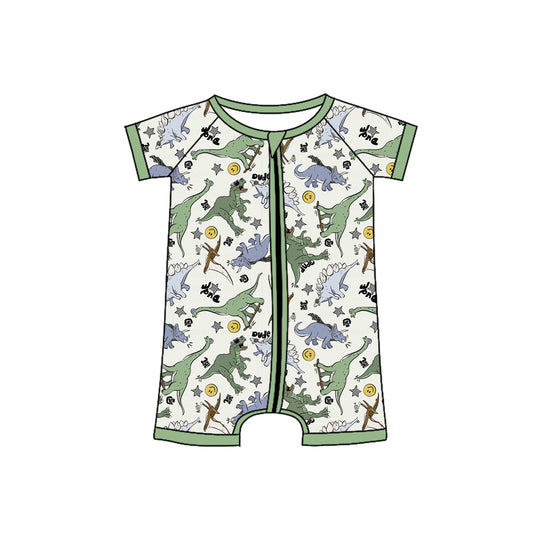 (Pre-order)SR2435 Dino Smiling Face Print Baby Boys Summer Sleeper Zipper Romper