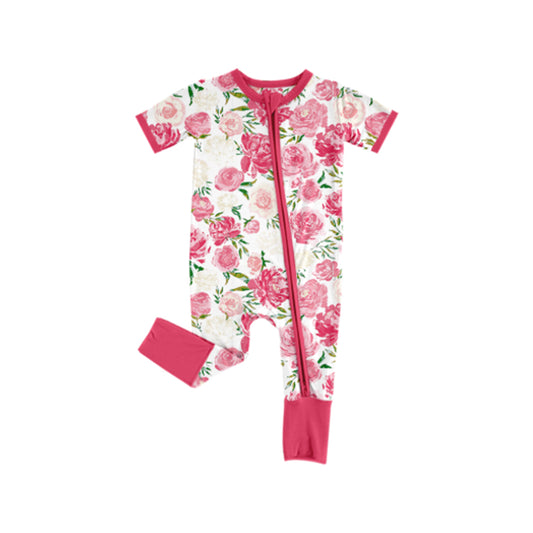 (Pre-order)SR2437 Pink Flowers Print Baby Girls Sleeper Zipper Romper