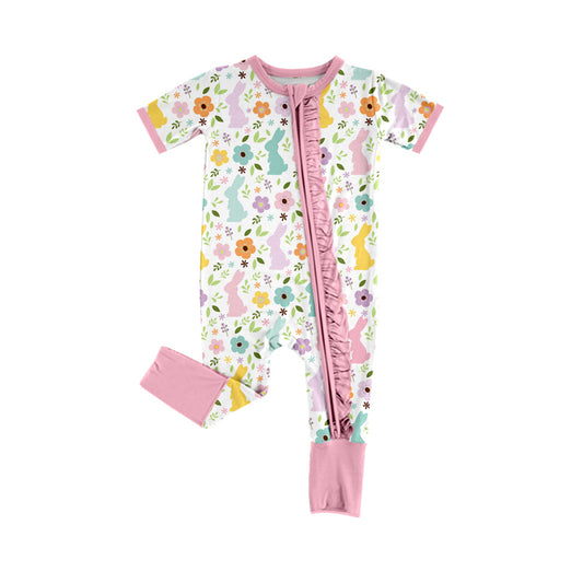 (Pre-order)SR2439 Colorful Bunny Flowers Print Baby Girls Easter Sleeper Zipper Romper
