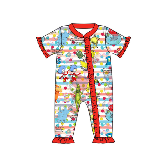 (Pre-order)SR2440 Dr.Reading Stripes Print Baby Girls Summer Sleeper Zipper Romper