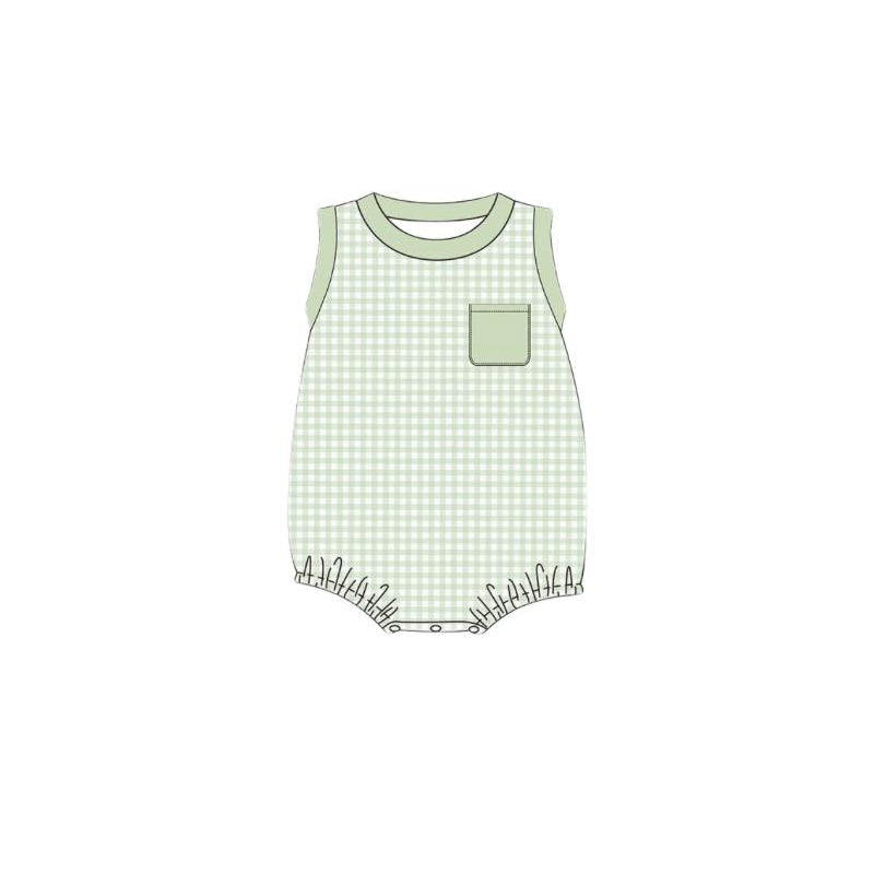 (Pre-order)SR2448 Green Plaid Print Pocket Baby Boys Summer Romper