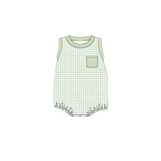 (Pre-order)SR2448 Green Plaid Print Pocket Baby Boys Summer Romper