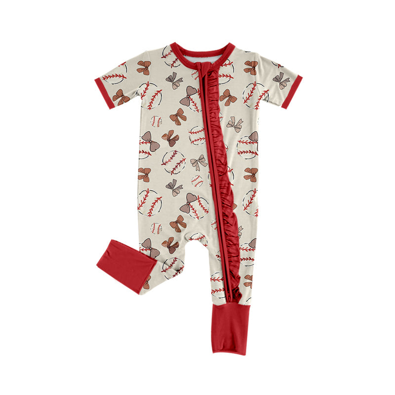 (Pre-order)SR2452 Baseball Bows Print Baby Girls Sleeper Zipper Romper