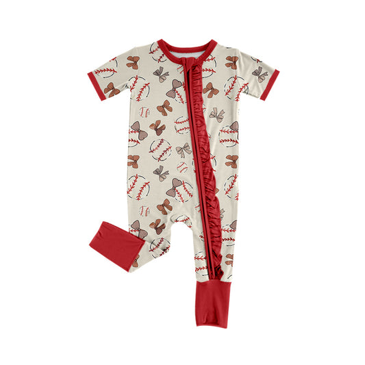 (Pre-order)SR2452 Baseball Bows Print Baby Girls Sleeper Zipper Romper