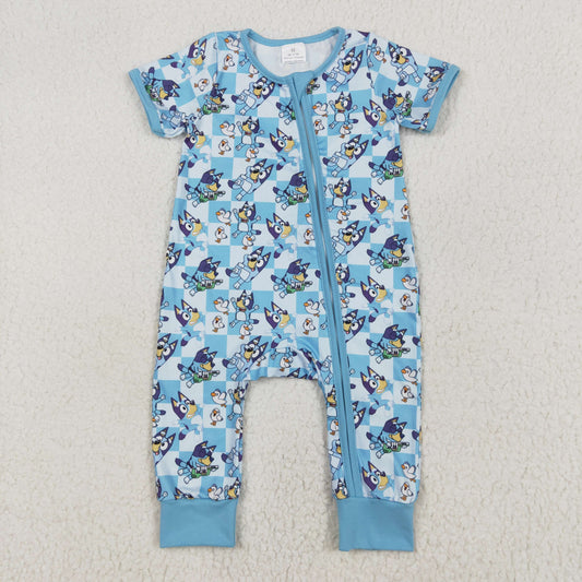 SR2454 Cartoon Dog Blue Plaid Print Baby Boys Sleeper Zipper Romper