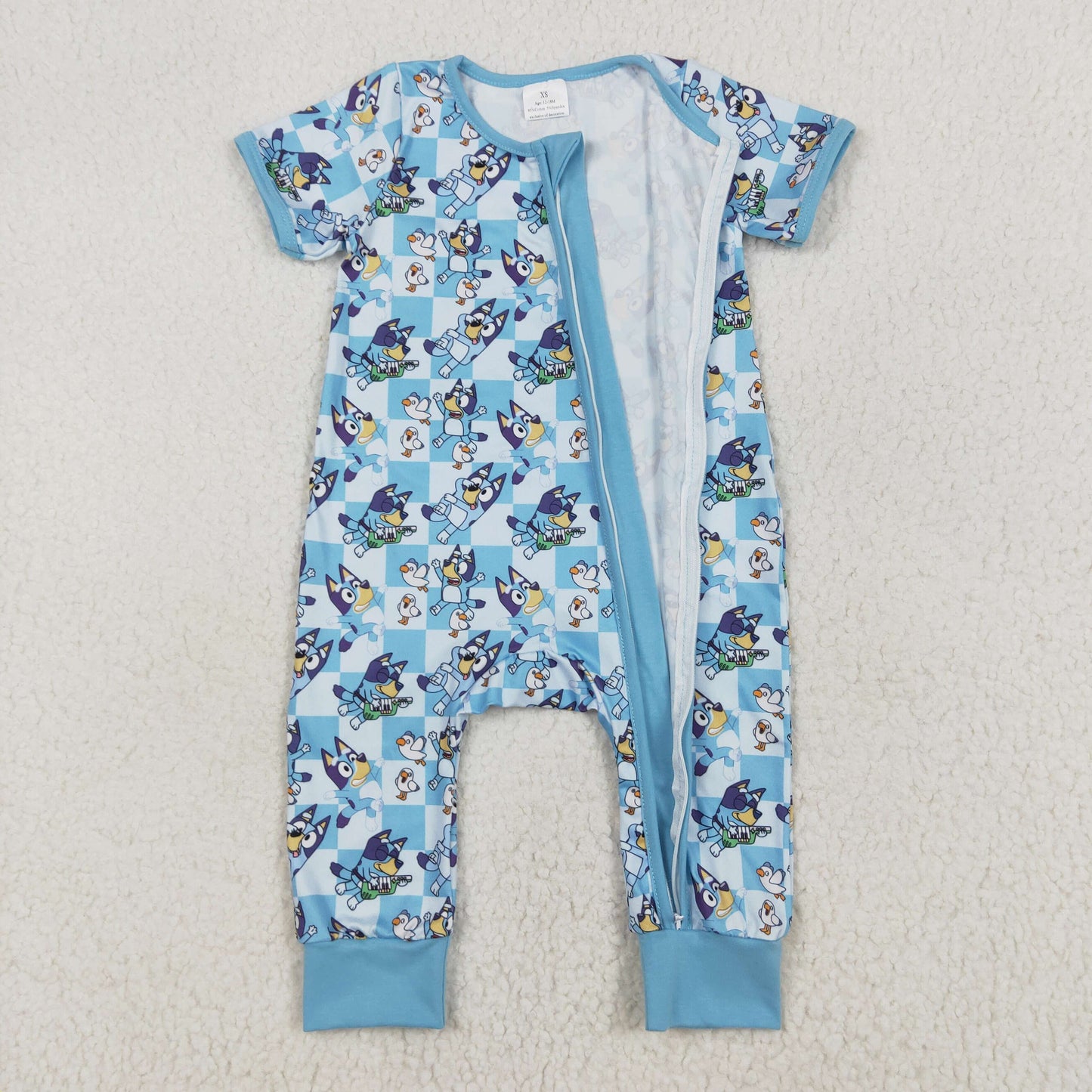 SR2454 Cartoon Dog Blue Plaid Print Baby Boys Sleeper Zipper Romper