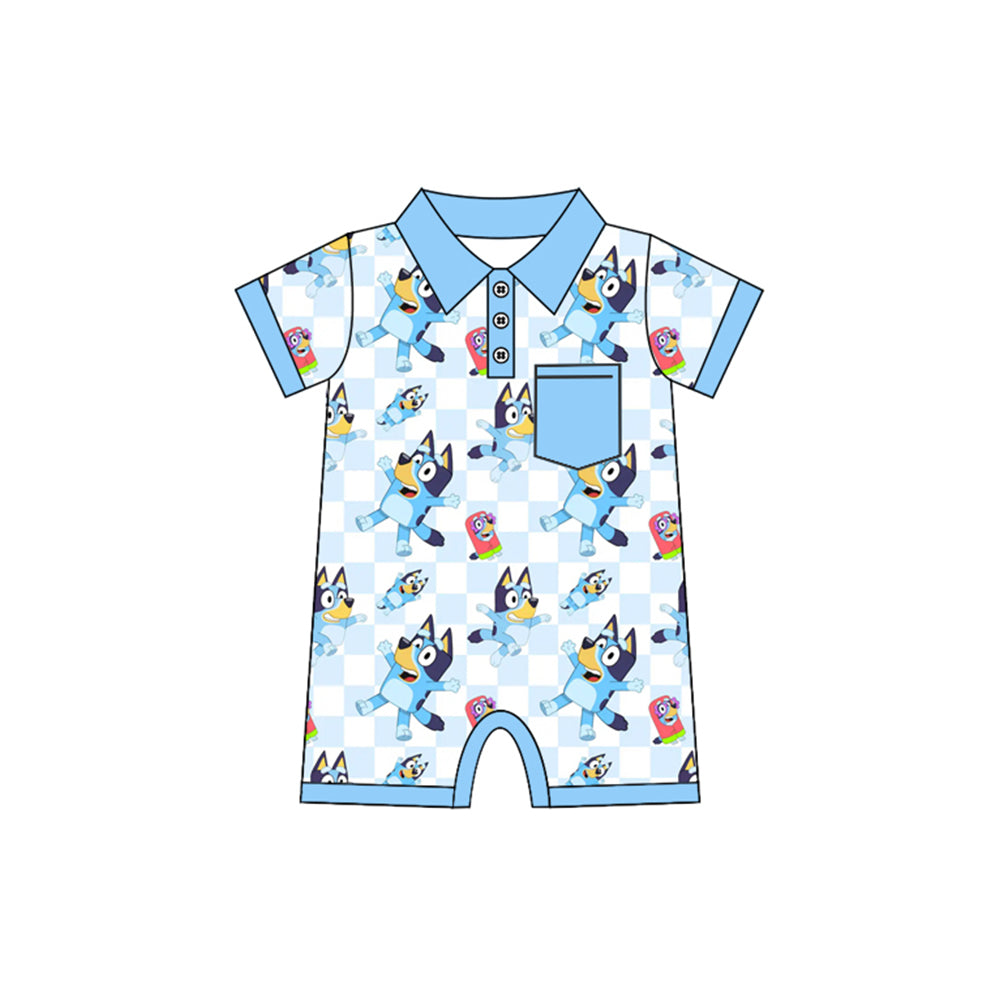 (Pre-order)SR2459 Cartoon Dog Blue Plaid Print Pocket Baby Boys Summer Romper