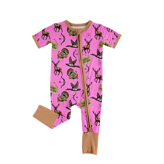 (Pre-order)SR2461 GONE HUNTING Pink Print Baby Girls Summer Sleeper Zipper Romper