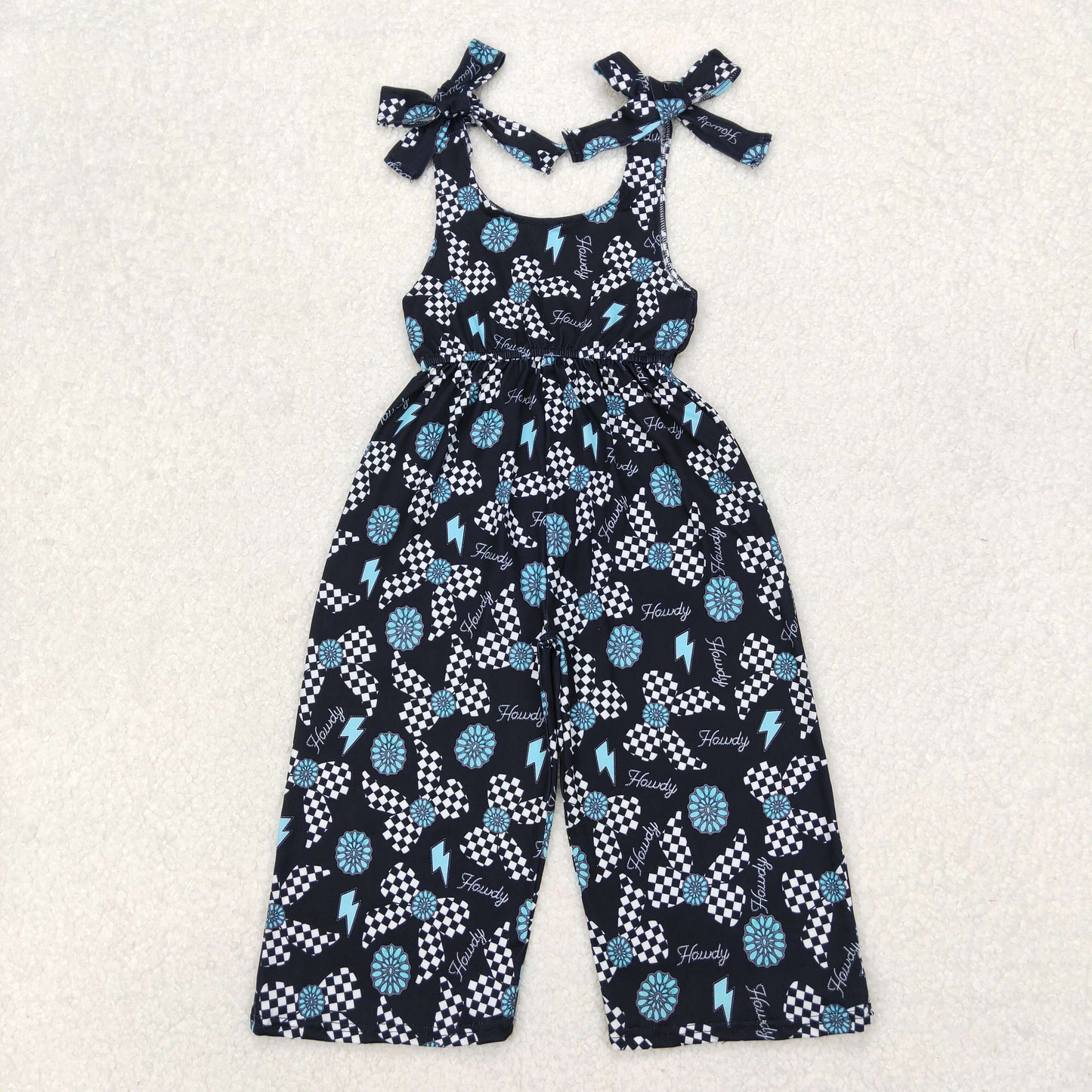 SR2466 Turquoise Bows Howdy Print Girls Summer Western Jumpsuits