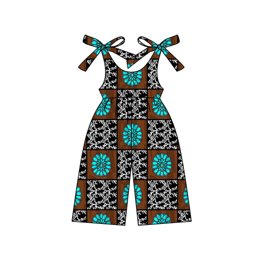 (Pre-order)SR2467 Turquoise Cowhide Print Girls Summer Western Jumpsuits