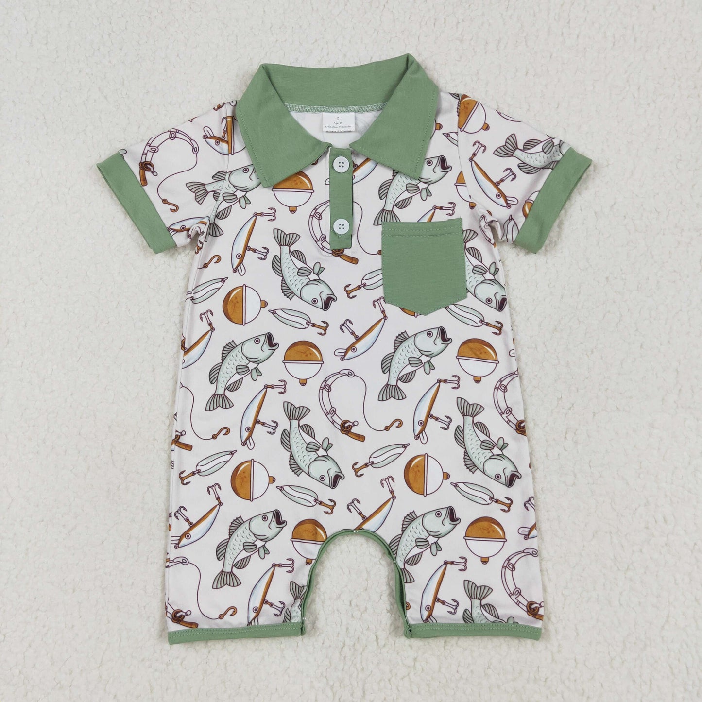 SR2472 Fishing Green Print Pocket Baby Boys Summer Romper