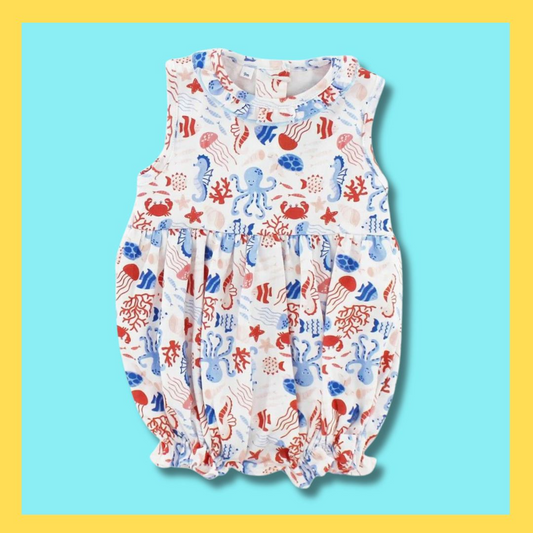 (Pre-order)SR2473 Marine Organism Print Baby Girls Summer Romper
