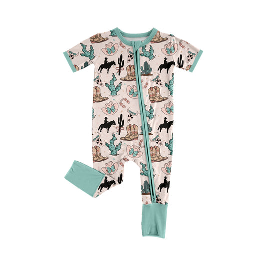 (Pre-order)SR2488 Cowboy Cactus Hat Boots Print Baby Sleeper Zipper Romper