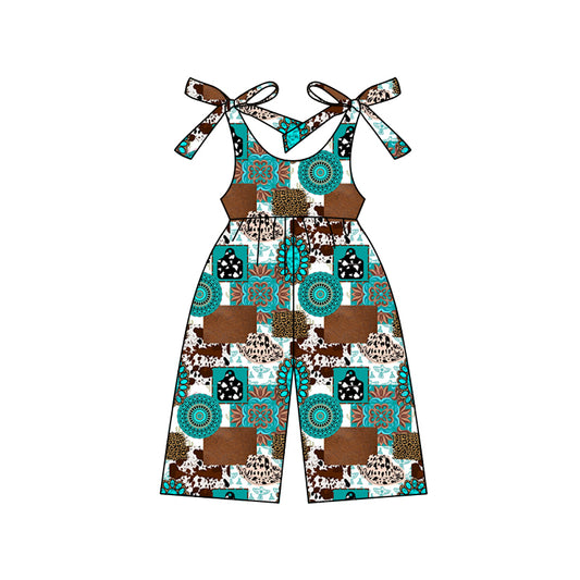 (Pre-order)SR2492 Turquoise Hat Tags Print Girls Summer Western Jumpsuits