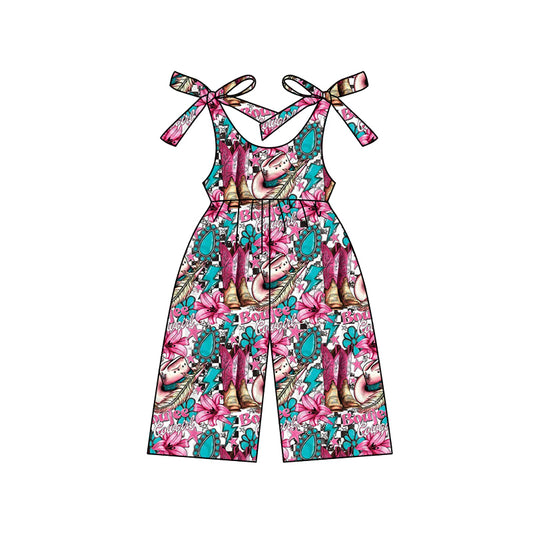 (Pre-order)SR2493 Turquoise Boots Flowers Print Girls Summer Western Jumpsuits