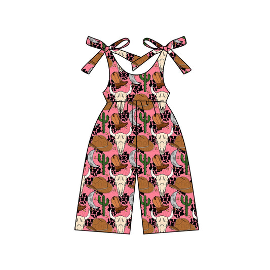 (Pre-order)SR2496 Cow Skull Hat Cactus Print Girls Summer Western Jumpsuits