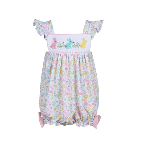 (Pre-order)SR2501 Bunny Flowers Print Baby Girls Easter Romper
