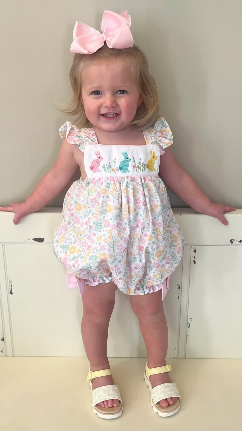 (Pre-order)SR2501 Bunny Flowers Print Baby Girls Easter Romper