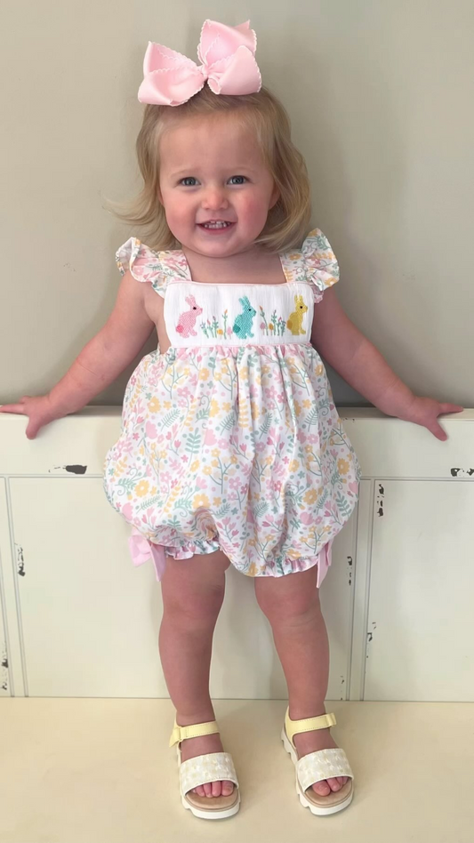 (Pre-order)SR2501 Bunny Flowers Print Baby Girls Easter Romper
