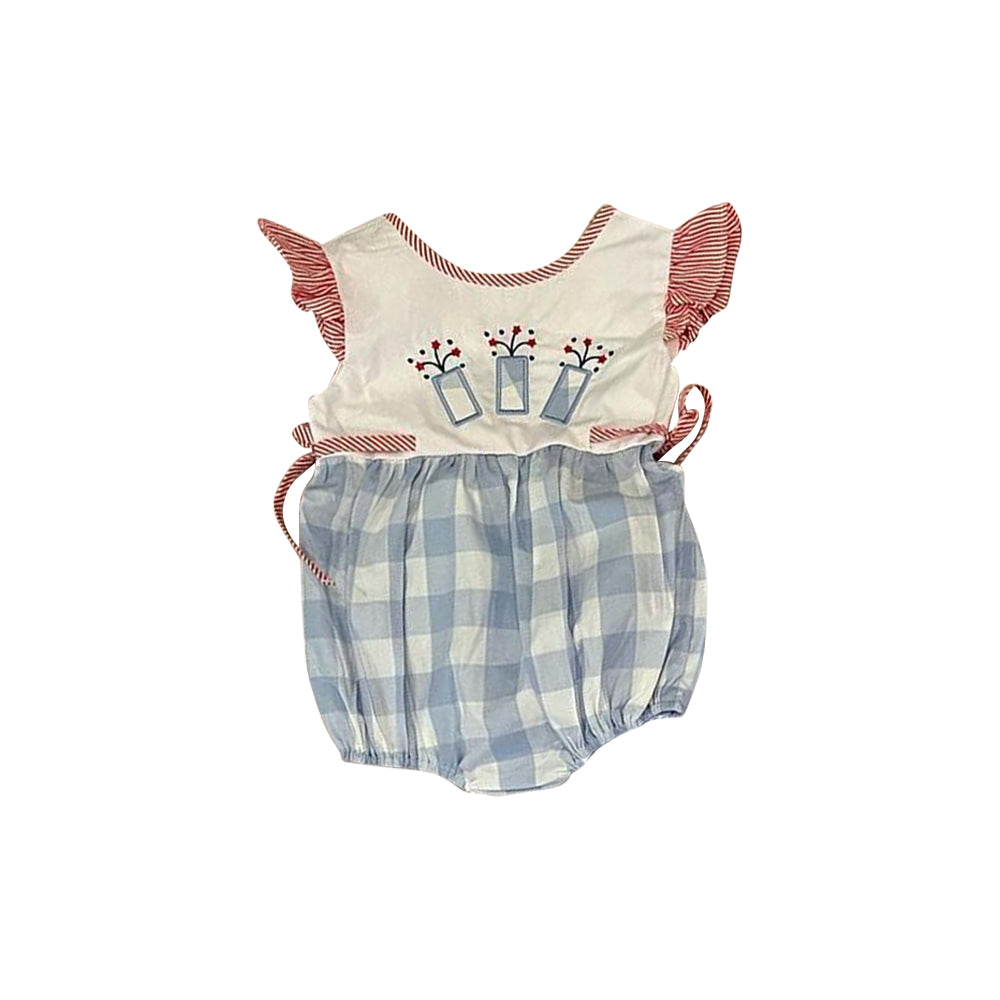 (Pre-order)SR2502 Fireworks Blue Plaid Print Baby Girls 4th of July Romper