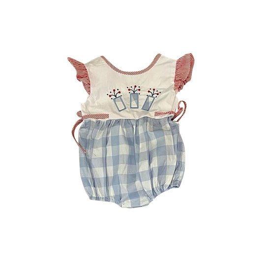 (Pre-order)SR2502 Fireworks Blue Plaid Print Baby Girls 4th of July Romper