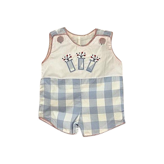 (Pre-order)SR2503 Fireworks Blue Plaid Print Baby Boys 4th of July Romper