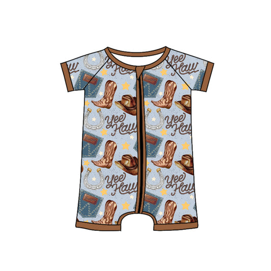 (Pre-order)SR2518 Boots Hat Print Baby Boys Summer Western Sleeper Zipper Romper