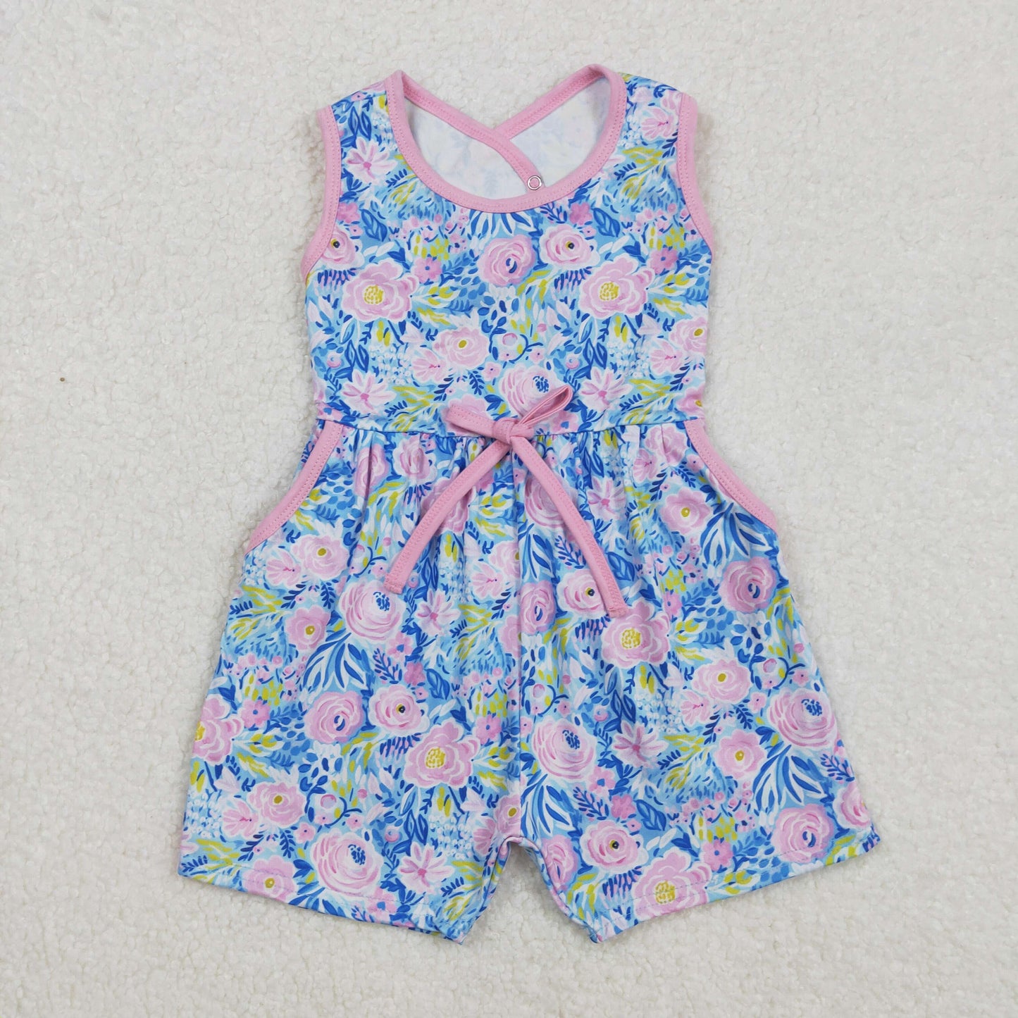 SR2521 Pink Blue Flowers Print Girls Summer Backless Jumpsuits