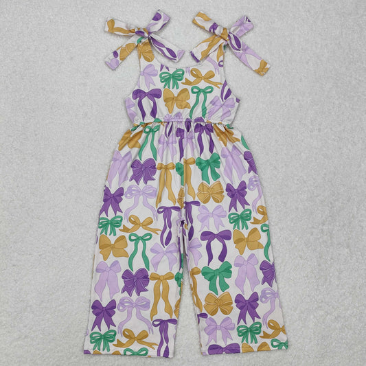 SR2522 Green Yellow Purple Bows Print Girls Mardi Gras Jumpsuits