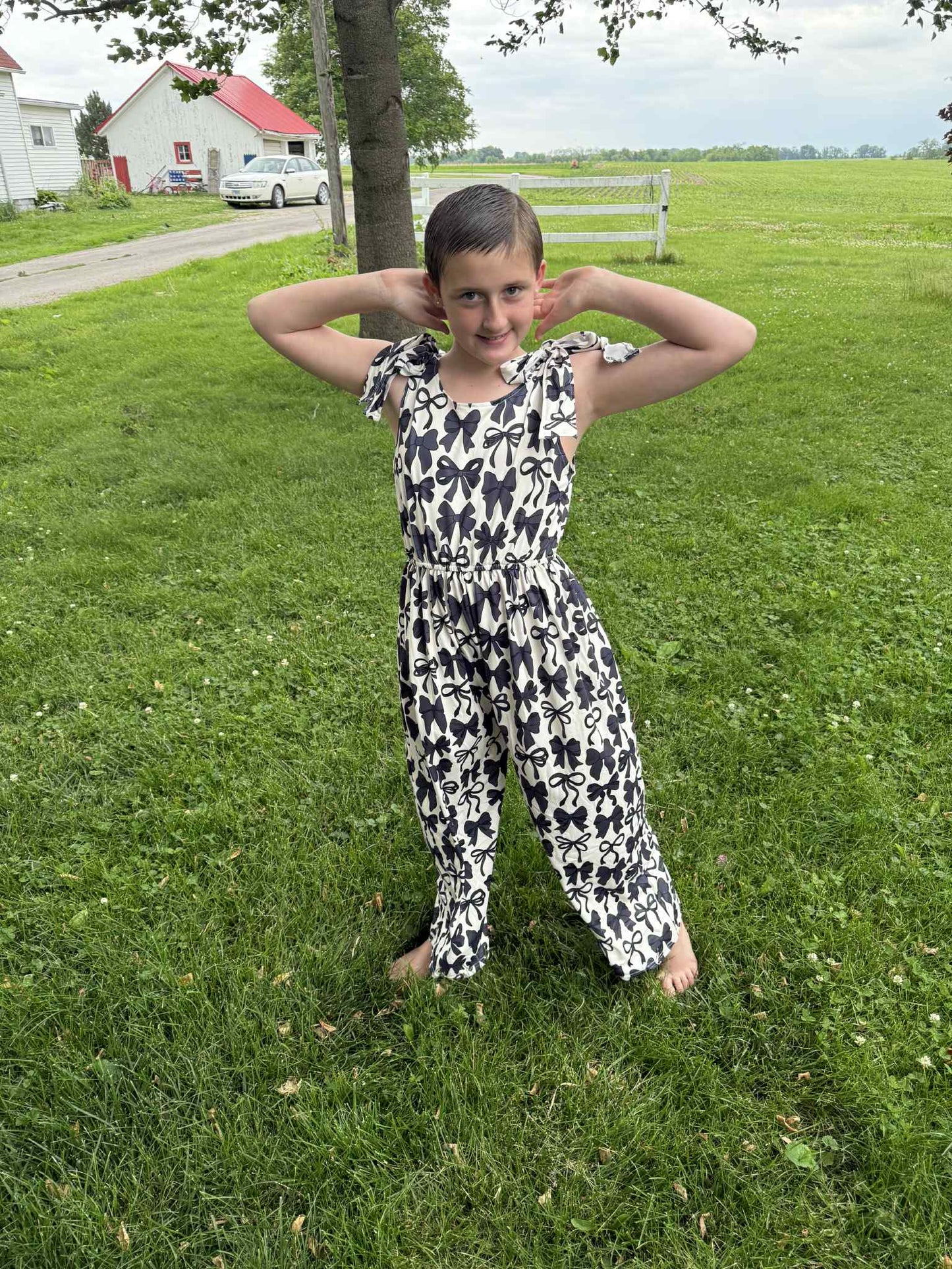 SR2524 Black Bows Print Girls Summer Strap Jumpsuits