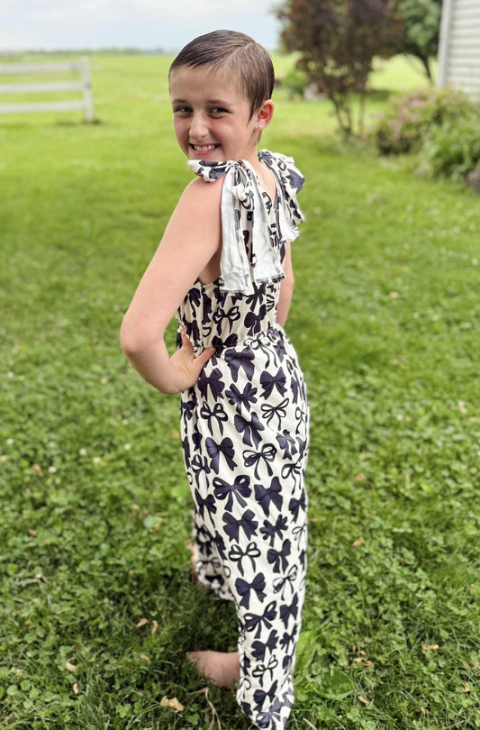 SR2524 Black Bows Print Girls Summer Strap Jumpsuits
