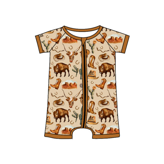 (Pre-order)SR2528 Boots Hat Boots Cows Brown Print Baby Boys Summer Western Sleeper Zipper Romper