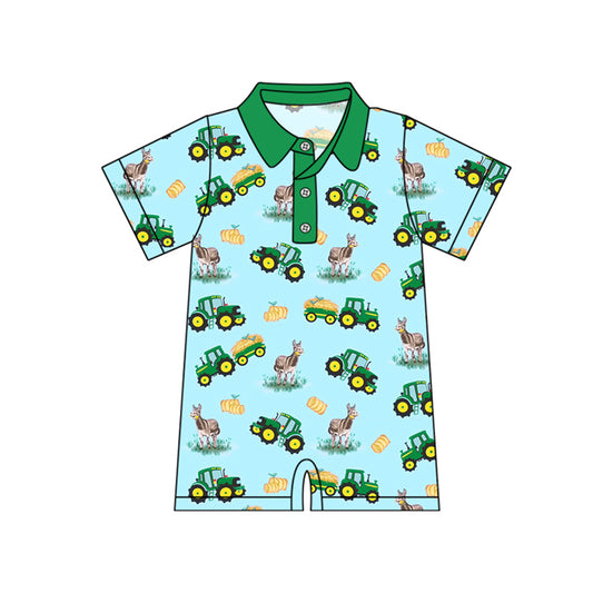 (Pre-order)SR2532  Tractors Farm Green Print Baby Boys Summer Romper