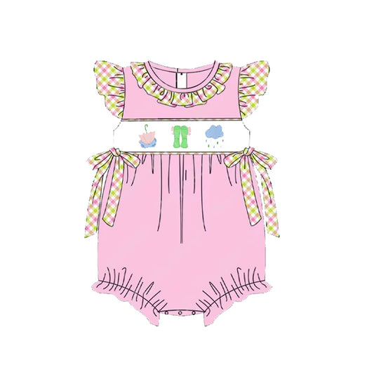 (Pre-order)SR2541  Umbrella Rain Boots Pink Print Baby Girls Summer Romper